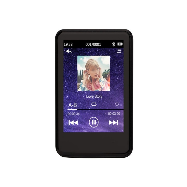 MP3 lejátszó, 64 GB, 2,8 hüvelykes, TFT képernyő, Bluetooth, e-könyv, videó, kép, FM, USB, 3,5 mm-es fejhallgató-csatlakozó, veszteségmentes hangminőség, felvételi funkció, kompakt és hordozható, fekete