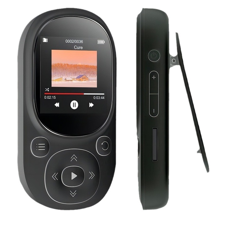 MP3 lejátszó, 64 GB, Bluetooth, 1,5”, monokróm képernyő, 28 nyelv, e-könyvek, képek, FM, USB, veszteségmentes hangminőség, rögzítési funkció, kompakt és hordozható, fekete