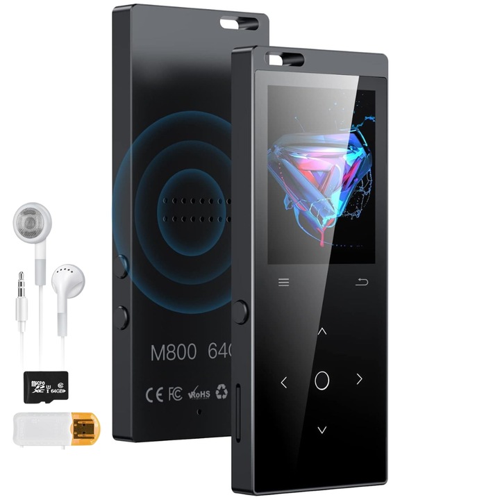 MP3 lejátszó érintőképernyővel, 1,8 hüvelykes képernyő, Bluetooth 5.2, 64 GB memória, SD kártya 128 GB-ig, hangszóró, HiFi hang, FM rádió, e-könyv olvasás, hangrögzítő, hordozható, USB-C, fejhallgató és kártyaolvasó, fekete