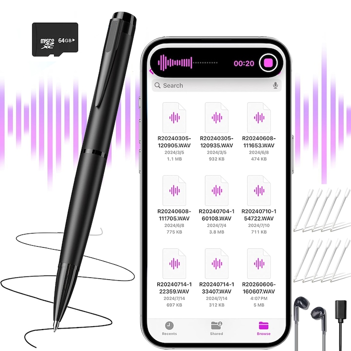Recorder spion integrat in pix，SHIJOOE®，memorie 64 gb inclusa，pana la 752 ore stocare，Activare Vocala, Conectivitate OTG, Redare MP3，Functie Eliminare Zgomot De Fundal，Compatibil iOs/Android，Inregistrare Surround 360° De Pana La 15 Ore，Negru