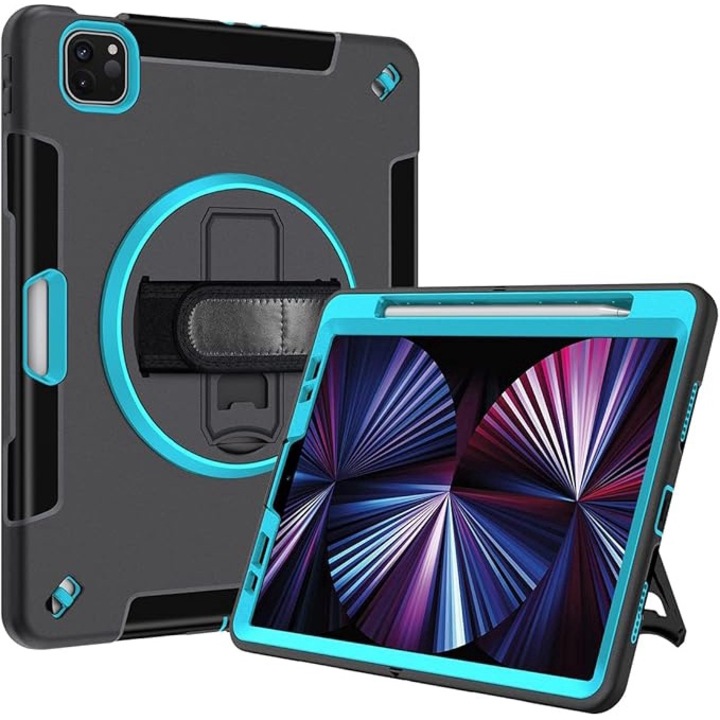 iPad air4 10.9 2020/Air5 2022 tok, masszív, teljes testet védő tok tolltartóval, forgatható támasztékkal, állítható kézszíjjal