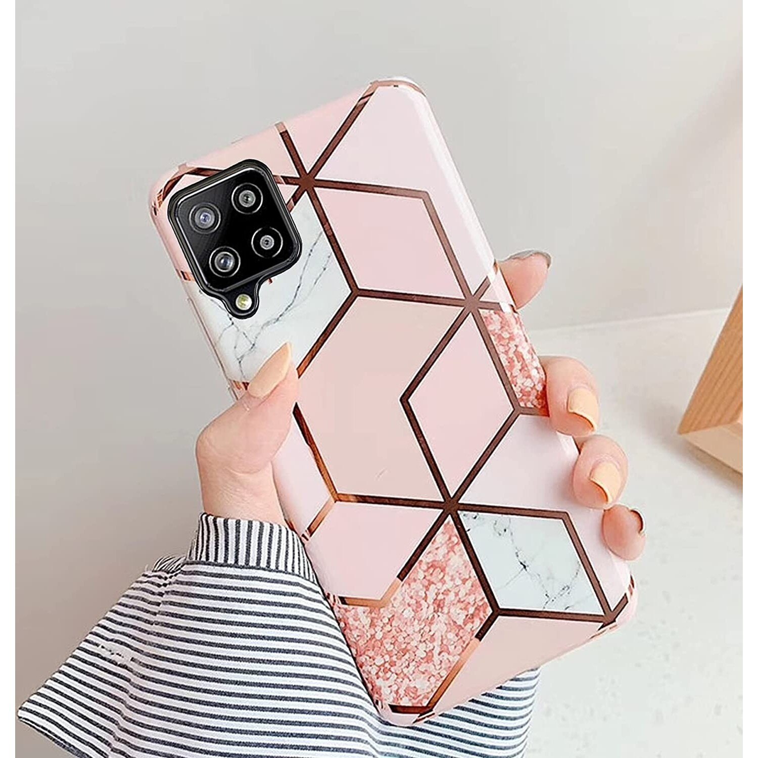 Husa protectie compatibila cu Samsung Galaxy A12 Soft IMD TPU Marble Geometric Alb