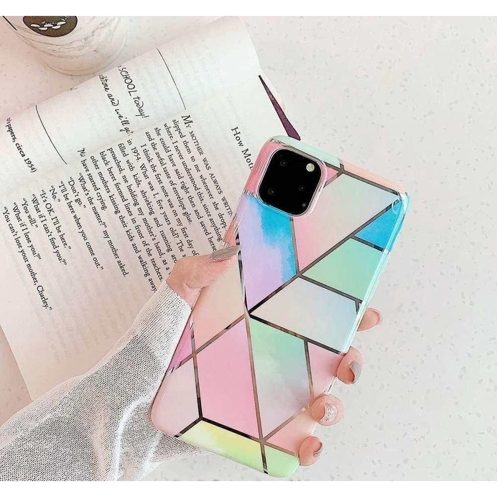 Husa protectie compatibila cu Samsung Galaxy A12 Soft IMD TPU Marble Geometric Roz