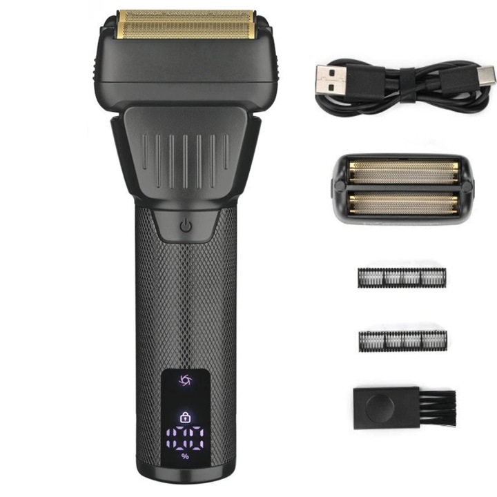 BIRAI R-2025 professzionális elektromos borotva, borotva 8500 RPM, vezeték nélküli, újratölthető akkumulátor, vízálló, LCD kijelző, LED kijelző, szupergyors USB töltés, dupla penge, vízálló, nedves és száraz borotválkozás, ergonomikus kialakítás, fekete
