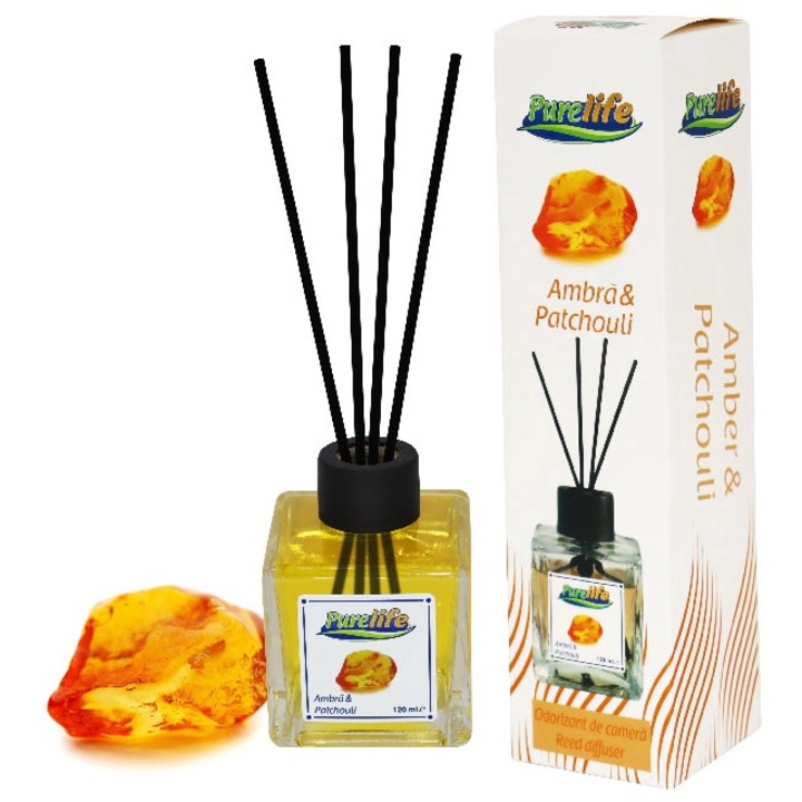 Odorizant de camera cu betisoare Purelife, 120ml, cu aroma de Ambra & Patchouli