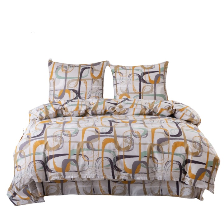 Set de lenjerie de pat cu doua fete 160x200 bej gri galben linii abstracte