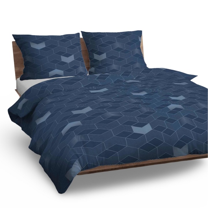 Lenjerie de pat din bumbac 160x200 albastru marin alb hexagonal eleganta