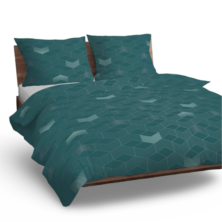 Lenjerie de pat din bumbac 160x200 turcoaz alb hexagonal eleganta
