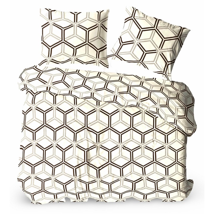 Lenjerie de pat din bumbac 160x200 crem bej maro iluzie geometrica