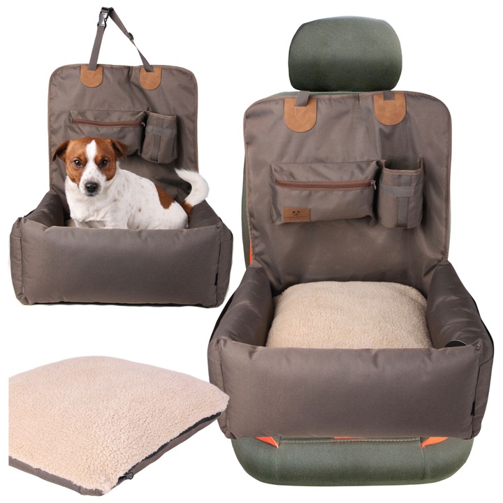 Autósülés, Wobell, 2 az 1-ben, Barna, Ketrec és hordozó kutyáknak és macskáknak, Könnyen tisztítható, Állítható övekkel, Csúszásmentes alsó rész