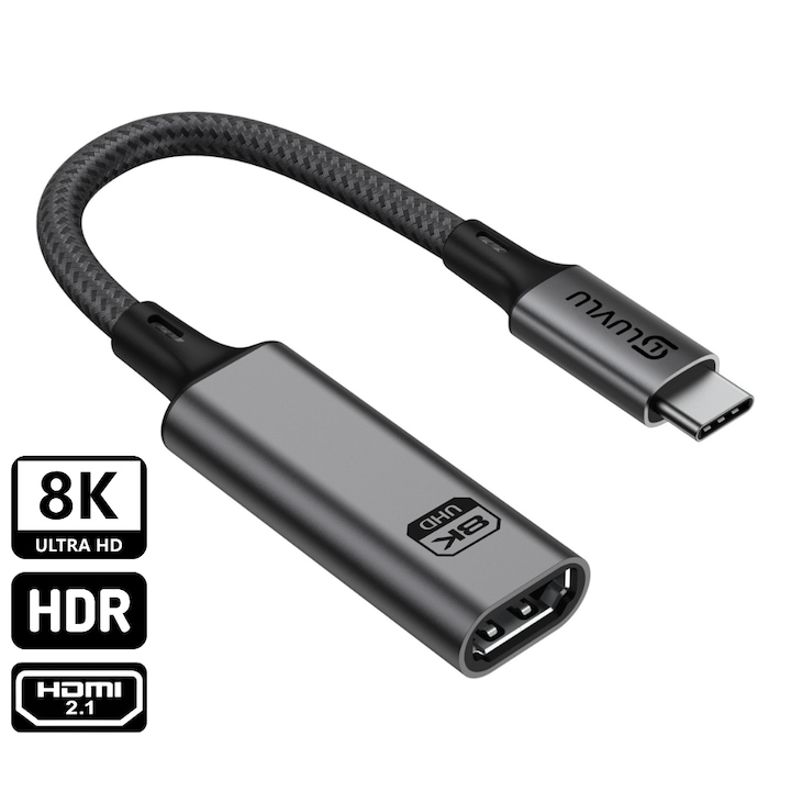 USB C към HDMI 2.1 женски адаптер LUVLU®, 8K@60Hz, 4K@240Hz, 48Gbps скорост, аудио/видео предаване, HDR, HDCP, динамичен 3D, двойно оплетен, дължина 20 см, usb type c към hdmi кабел за телефон, таблет, монитор, лаптоп, проектор