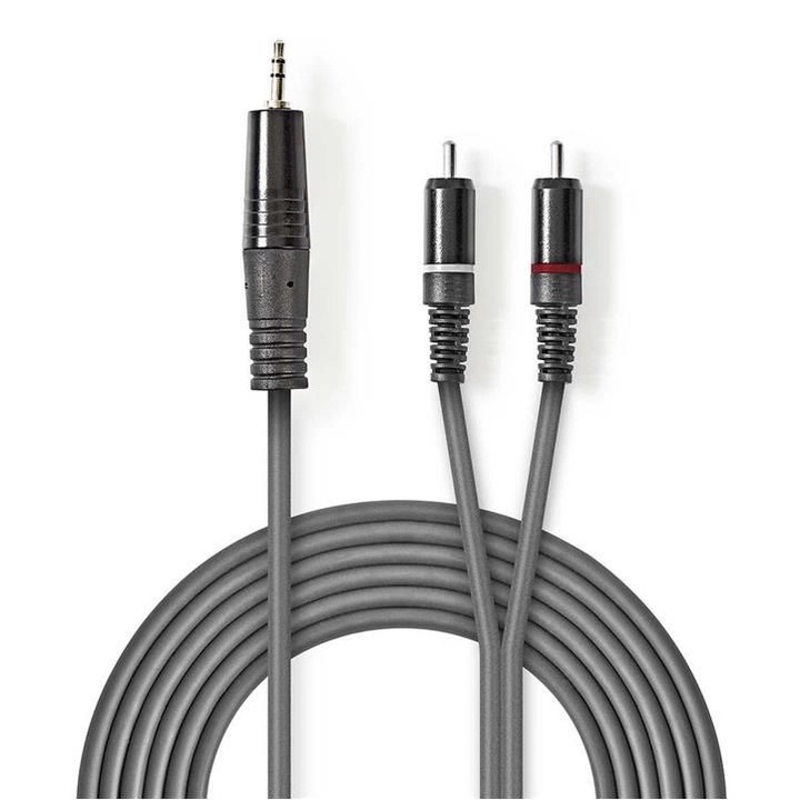 Sztereó audio kábel 3,5 mm-es dugasz - 2x RCA dugó, 1,5 m, szürke
