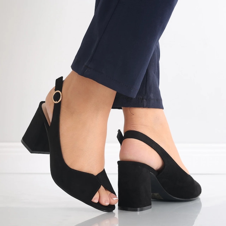 Sandale dama cu toc Negre din Piele Ecologica Intoarsa Mirvela, Negru
