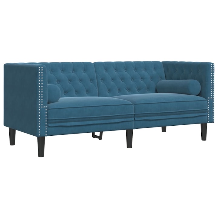 vidaXL 2 személyes kék bársony Chesterfield kanapé hengerpárnákkal 372691
