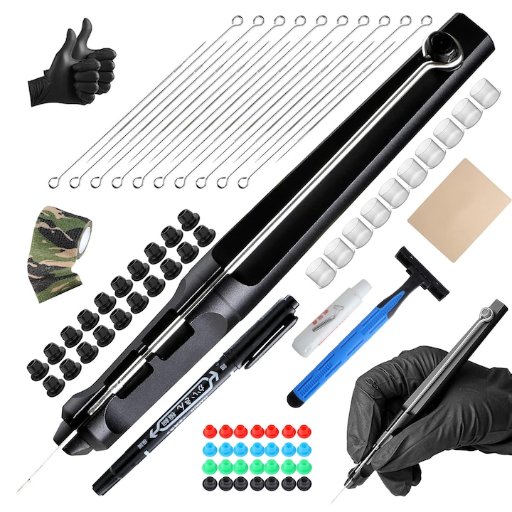 Set Echipament Tatuaje, Quietzi, cu 20 Ace din Otel Inoxidabil, Banda Elastica, Fata de Masa, Reutilizabil, Sigur si Robust, Usor de Utilizare, Compact si Portabil, Profesional, Design Ergonomic, Negru