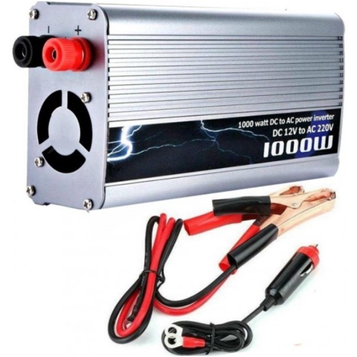Invertor de putere 12V 220V, 1000W, Protectie automata, Carcasa din metal, Priza, USB