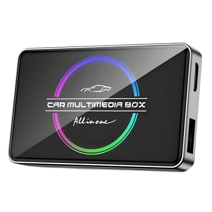 RAELUM Wireless Ai Box CarPlay и Android Auto Car Adapter, интегрирана система ANDROID 12, 2Gb/16Gb Plug and Play смарт модул, двоен Wi-Fi 2, 4Ghz 5Ghz и Bluetooth, HDMI изход, Мултимедиен плейър, поддръжка на Netflix и YouTube, Play Store, Гланцово черно