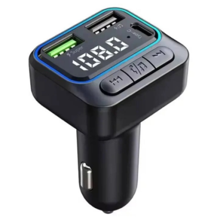 Modulator FM cu incarcator 3 in 1, Bluetooth 5.0, USB, Type-C, preluare apeluri, MP3 Player, negru