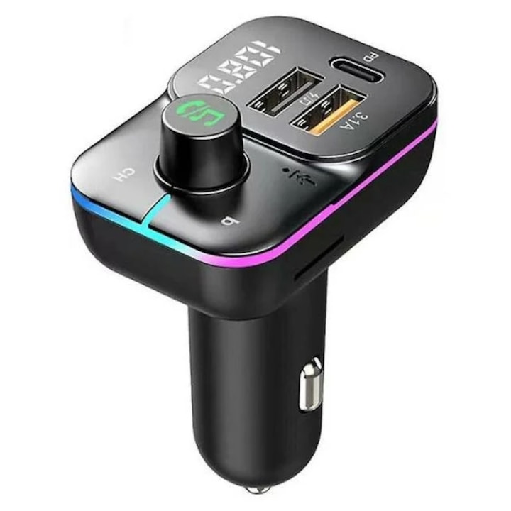 Modulator FM, Iluminare, Bluetooth, 3 Porturi, 1x Type-C 2x USB-A, Negru