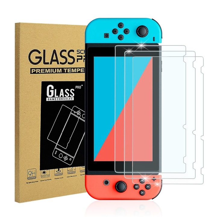 Set 3 folii de protectie, Sticla securizata, Pentru Nintendo Switch, 2.5D, 0.26 mm, Transparent