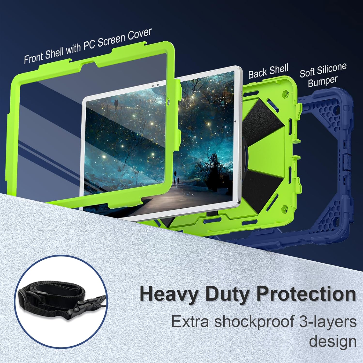 Husa tableta, pentru samsung Galaxy Tab A9 Plus, 11 inch, suport rotativ la 360°, cu curea de umar si suport pentru stilou, silicon, Verde
