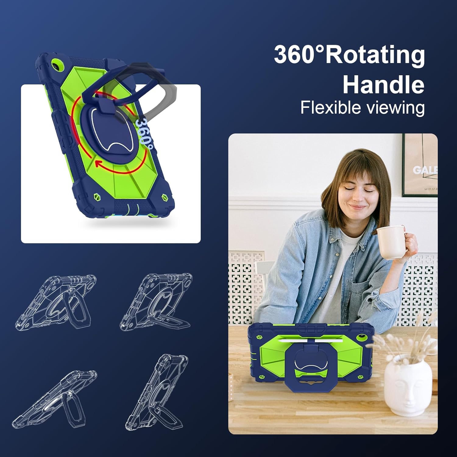 Husa tableta, pentru samsung Galaxy Tab A9 Plus, 11 inch, suport rotativ la 360°, cu curea de umar si suport pentru stilou, silicon, Verde