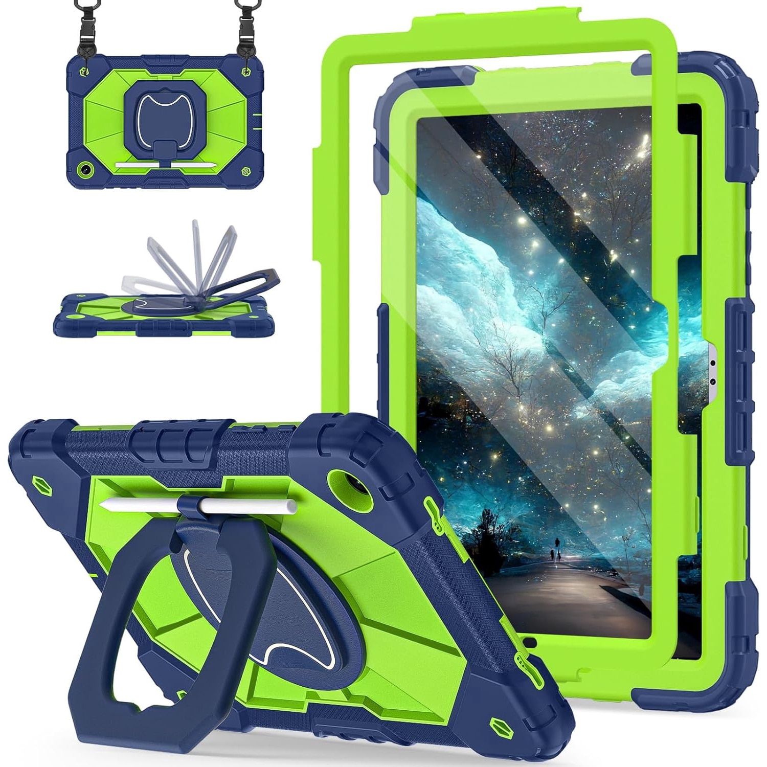 Husa tableta, pentru samsung Galaxy Tab A9 Plus, 11 inch, suport rotativ la 360°, cu curea de umar si suport pentru stilou, silicon, Verde