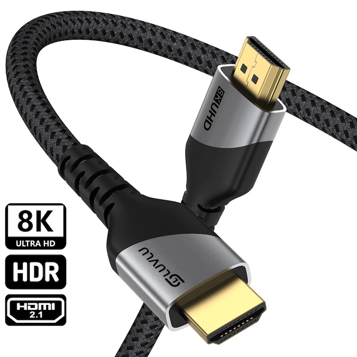 LUVLU® HDMI 2.1 мъжки-мъжки кабел, UHD 8k@60Hz, 4k@120Hz, скорост до 48Gbps, динамичен 3D, HDR, HDCP, позлатен, двойно оплетен, дължина 3m