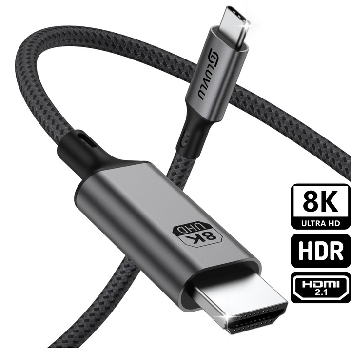 USB C към HDMI кабел LUVLU®, UHD 8K@60Hz, 4K@240Hz, HDR, 3D, HDCP, 48Gbps скорост, двойно оплетен, thunderbolt 4 съвместим с iPhone 16 Pro Max, MacBook Pro/Air, Galaxy S22 S23, iPad, iMac, дължина 1,8 м