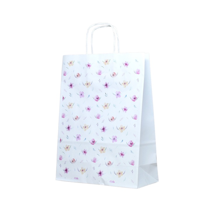 Set 200 bucati Pungi Hartie Model 12 Floral, 32 x 41 x 12cm, kraft Alb