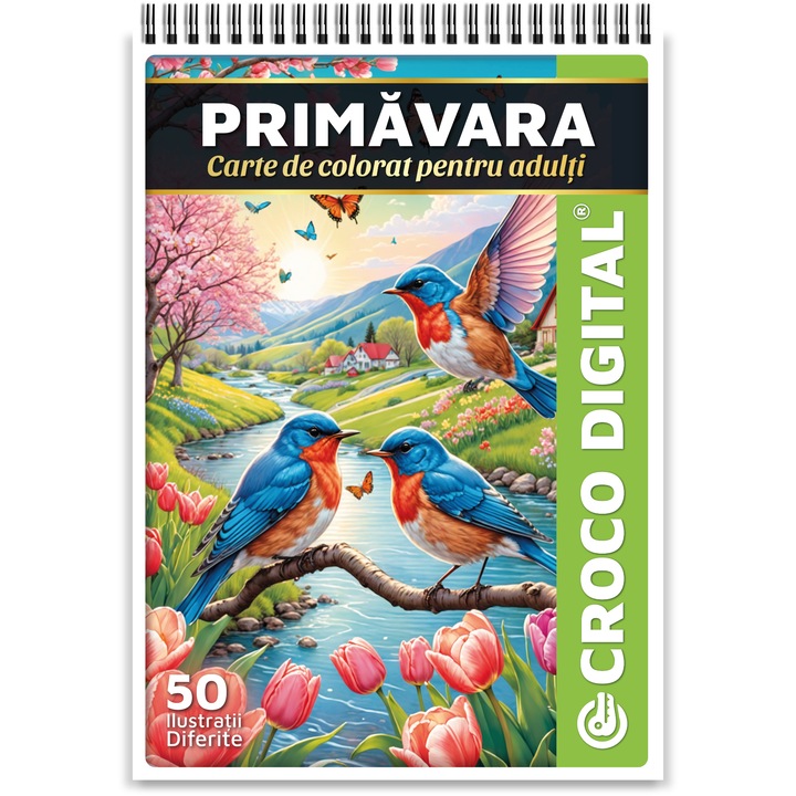 Carte de colorat pentru adulti, Primavara, 50 Ilustratii Antistres pentru Relaxare, 106 pagini, 2024