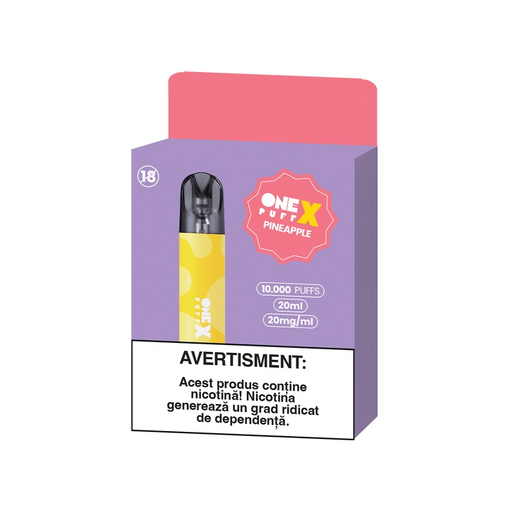 Tigara electronica reincarcabila One Puff, Pineapple 10.000 puffuri, 2 sticlute x 10 ml lichid, 20mg/ml nicotina