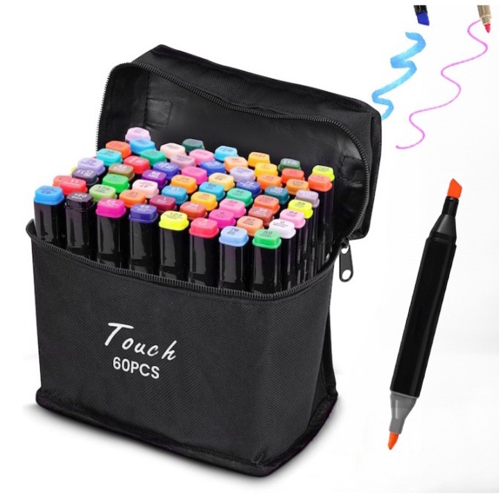 Set 60 markere duble, Zola®, cerneala pe baza de alcool, cap subtire si gros, geanta de depozitare, multicolore