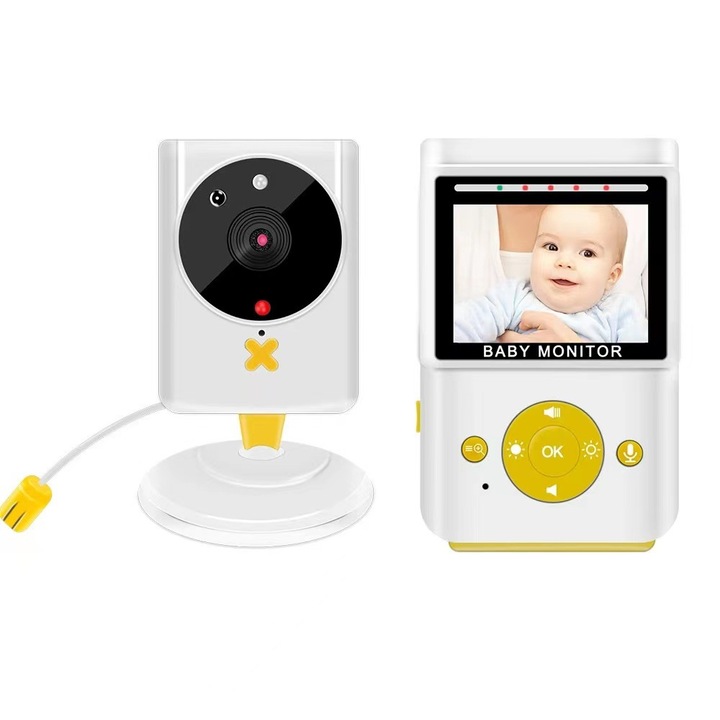 Babafigyelő, 2,4" LCD képernyő, 2,4 GHz, kétirányú beszélgetés, hőmérséklet kijelző, 360°-os forgatás, infravörös éjszakai látás, altatódal, időzítő funkció, fehér