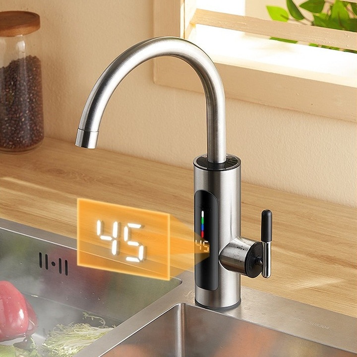 Elektromos csaptelep vízmelegítéshez, digitális kijelző, 360 fokos elforgatás, méretek 21x11x27cm, teljesítmény 3000W, ezüst