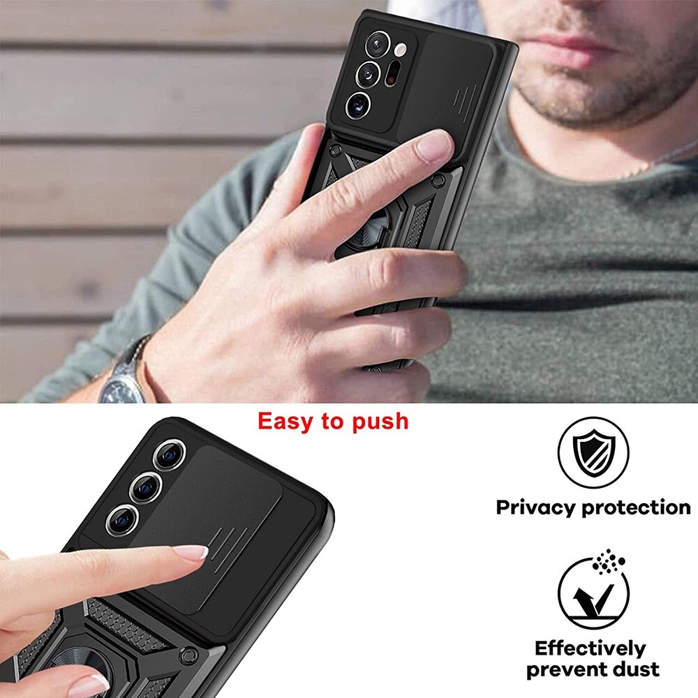 Husa telefon, compatibila cu Samsung Galaxy S20 Ultra 4G / S20 Ultra 5G, Rugged Shield LensProtect, Anti-soc, Capac glisant pentru camere, Protectie lentile, Acoperire completa, Inel de prindere, Magnet, Negru