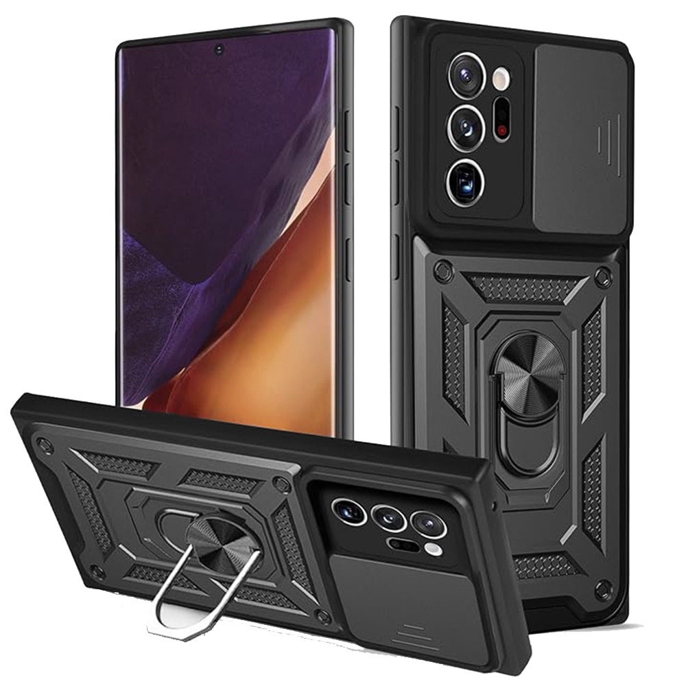 Husa telefon, compatibila cu Samsung Galaxy S20 Ultra 4G / S20 Ultra 5G, Rugged Shield LensProtect, Anti-soc, Capac glisant pentru camere, Protectie lentile, Acoperire completa, Inel de prindere, Magnet, Negru