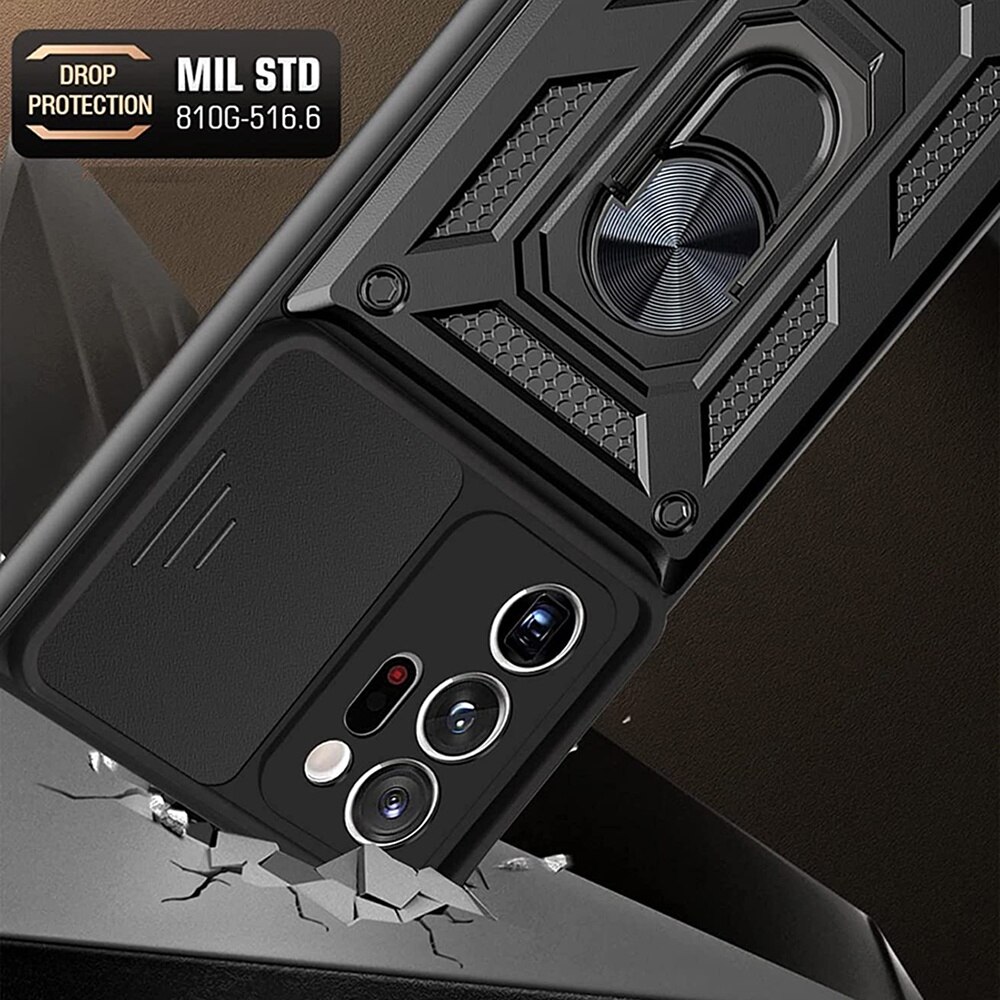 Husa telefon, compatibila cu Samsung Galaxy S20 Ultra 4G / S20 Ultra 5G, Rugged Shield LensProtect, Anti-soc, Capac glisant pentru camere, Protectie lentile, Acoperire completa, Inel de prindere, Magnet, Negru