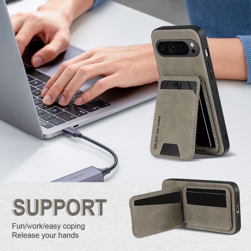 Husa suport, Piele ecologica, compatibila Google Pixel 9/9 Pro, geanta pentru carduri, gri