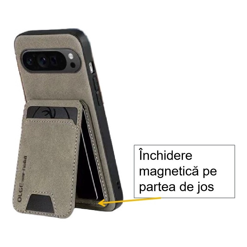 Husa suport, Piele ecologica, compatibila Google Pixel 9/9 Pro, geanta pentru carduri, gri