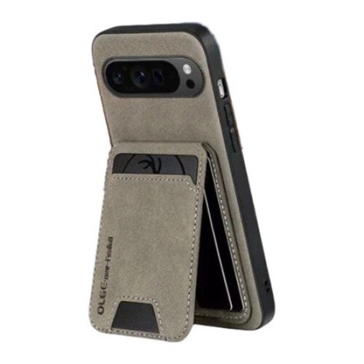 Husa suport, Piele ecologica, compatibila Google Pixel 9/9 Pro, geanta pentru carduri, gri