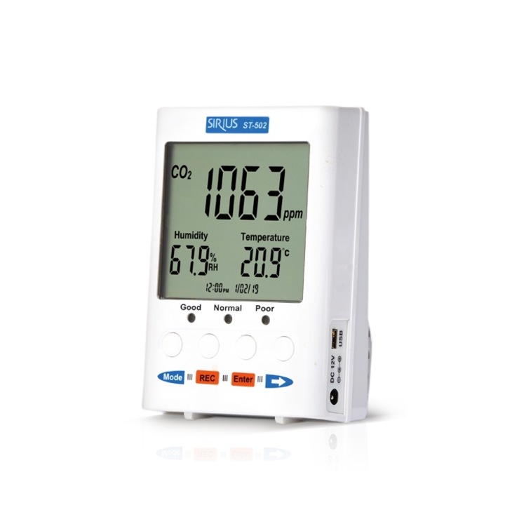 Monitor-logger IAQ pentru CO2, Tenmars Taiwan, model ST-502, umiditate relativa, temperatura si rata de ventilatie, culoare alba