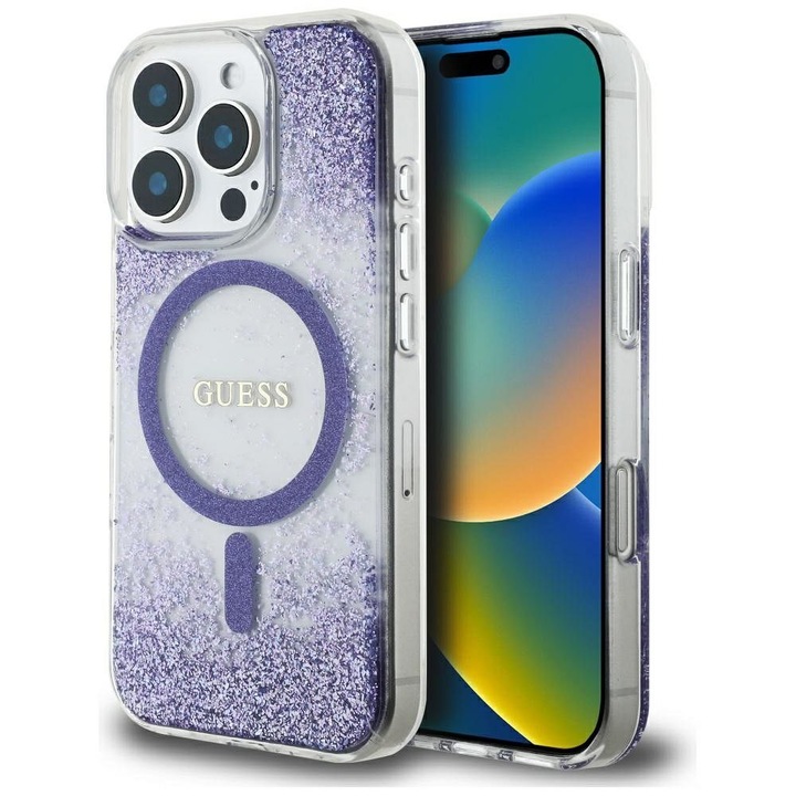 Husa pentru iPhone 16 Pro Max - Guess Hardcase Resin Bottom Glitter MagSafe (GUHMP16XRGRGEU) - Purple