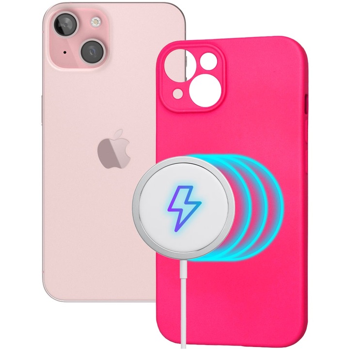 Husa tip MagSafe pentru Apple iPhone 15 Plus, Magnetic Color Shield, Silicon, Interior de microfibra, Suprafata aderenta, Atasare magnetica, Compatibila incarcare wireless, Regular Fit, Antisoc, Roz aprins