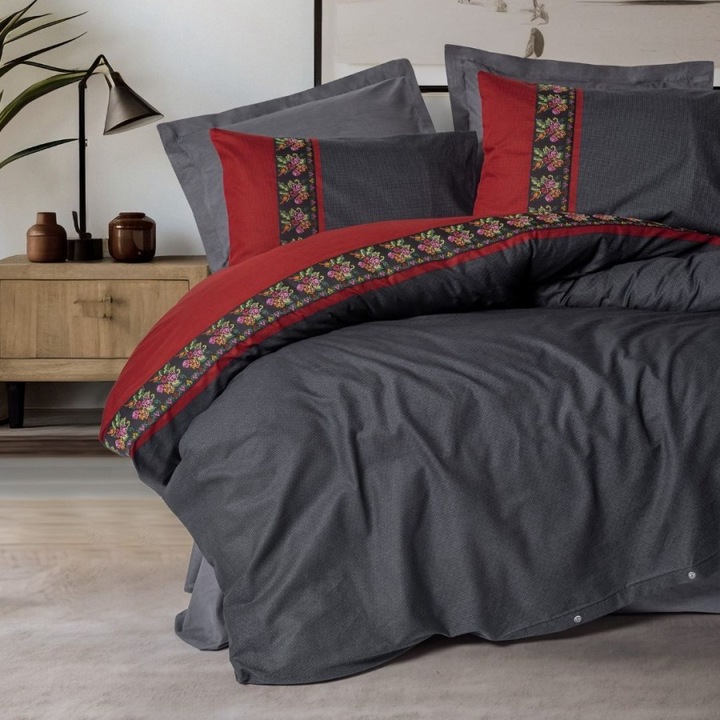 Lenjerie pat dublu cu broderie florala, bumbac 100% ranforce, 240 x 260 cm, 4 piese, Cotton Box, Folk Art, Lienzo Antracit