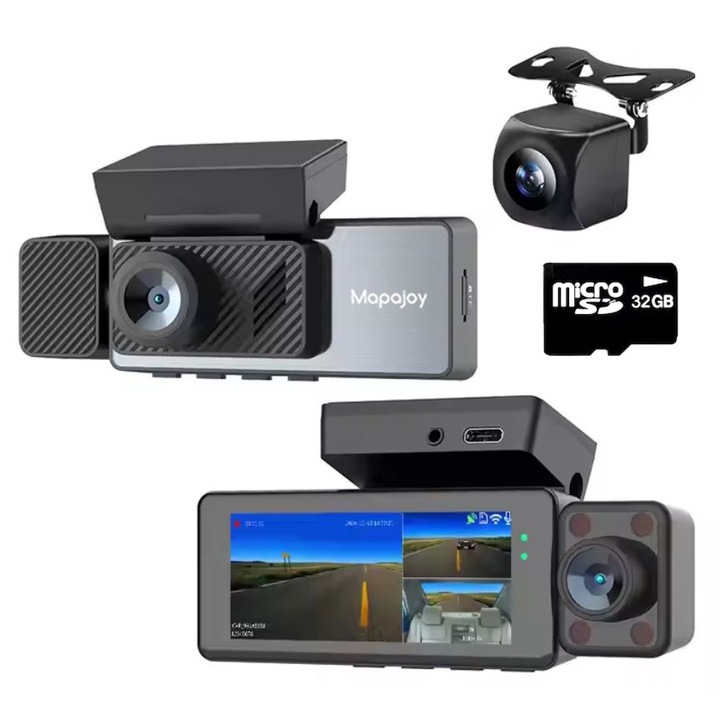 Видеорегистратор Mapajoy DRIVE-SAFE, тройна, 2K Full HD, включен GPS, Wi-Fi, 170° широк зрителен ъгъл, 3,16-инчов IPS екран, нощно виждане, цикличен запис, G-сензор за сблъсък, включена камера за задно виждане, 32GB SD карта, черен/сив