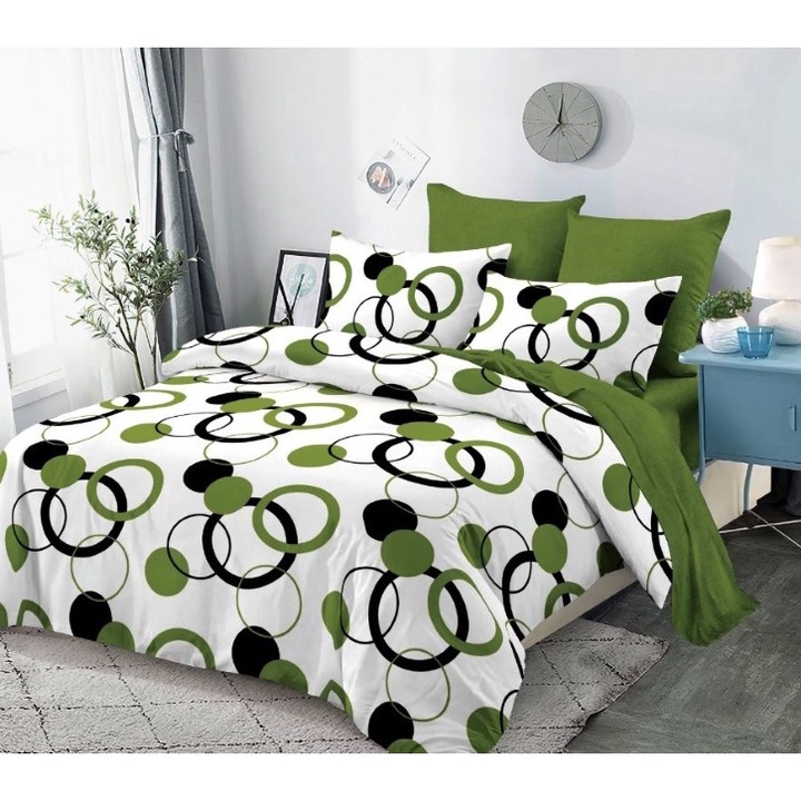 Lenjerie de Pat, Finet, 4 piese, 1 persoana, 160x200cm, Imprimeu Cercuri, Alb-Verde