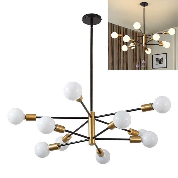 Lustra moderna, Hggzeg, Lustra tip pendu, Plafoniera din fier, E27, 60W, 120cm, 10, Cablu reglabil, Usor de folosit, Pentru dormitor sufrageria bucatarie holul birou, Fier, 92x62cm, Negru/Aur