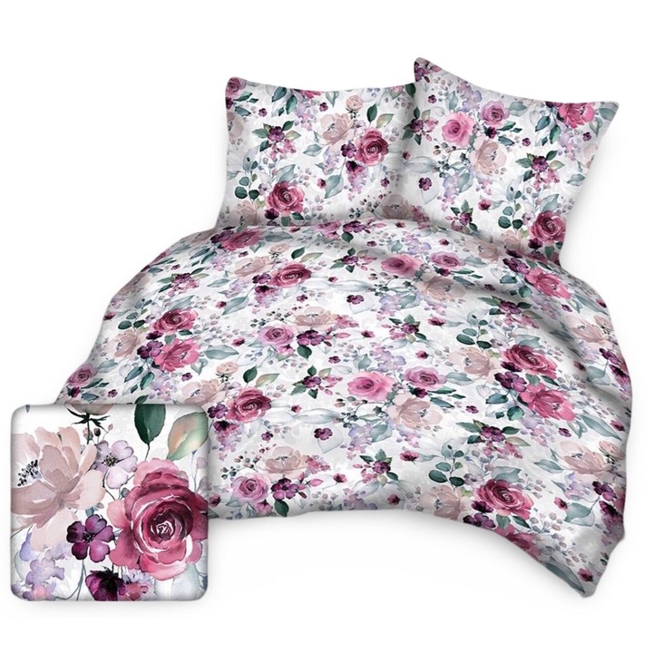 Lenjerie de pat din bumbac 160x200 trandafiri alb acuarela