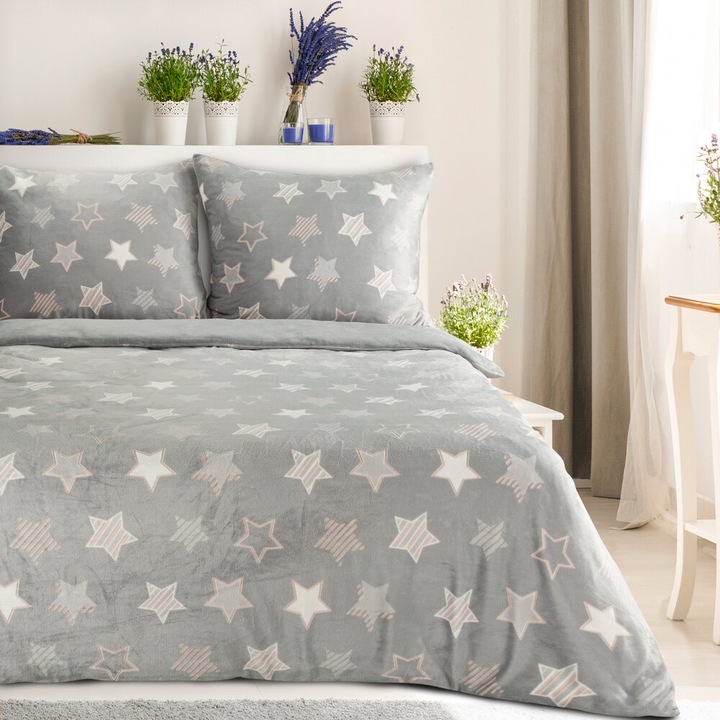 FLANO polár ágynemű, Eurofirany, 220x200cm, 2 párnahuzat, ezüst, csillagmintás